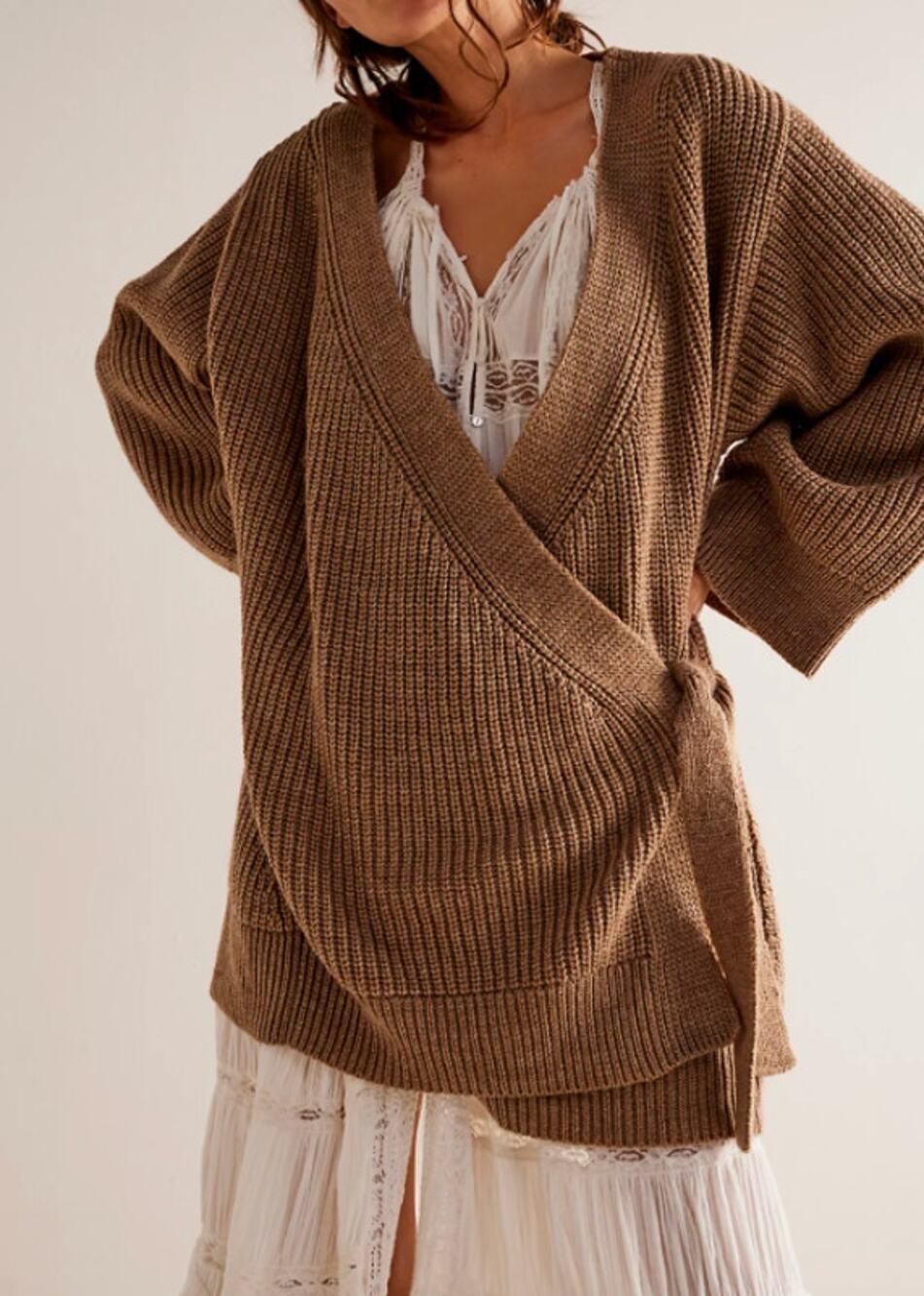 Free People Obi Cardigan Slouchy Ribbed Knit Wrap Sweater Driftwood Brown Small